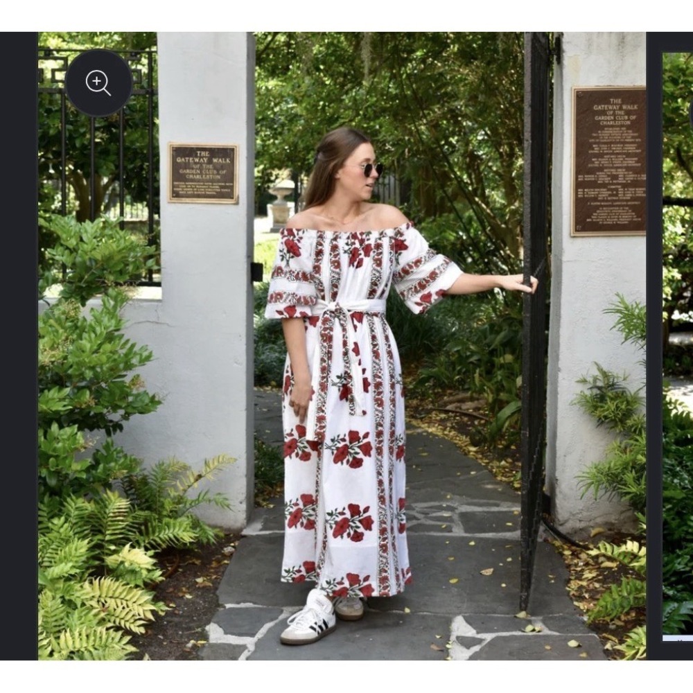 Madison Mathews Red Begonias Floral Maxi Dress Off The Shoulder Boho Free Size